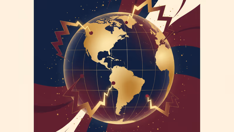 Digital art representing the geopolitical tension between the US, Venezuela, and Asia.