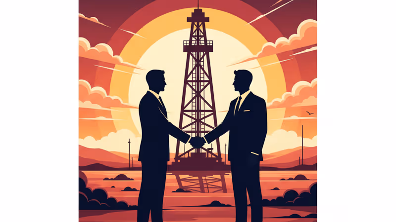 Silhouettes of leaders shaking hands in front of an oil derrick