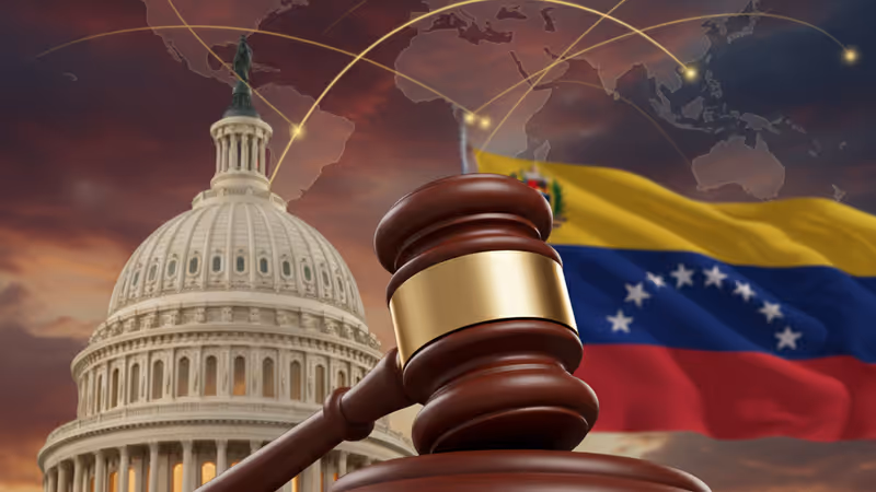 미국 의사당 건물과 의사봉이 강조된 배경에 베네수엘라 국기가 흐릿하게 보이는 전경