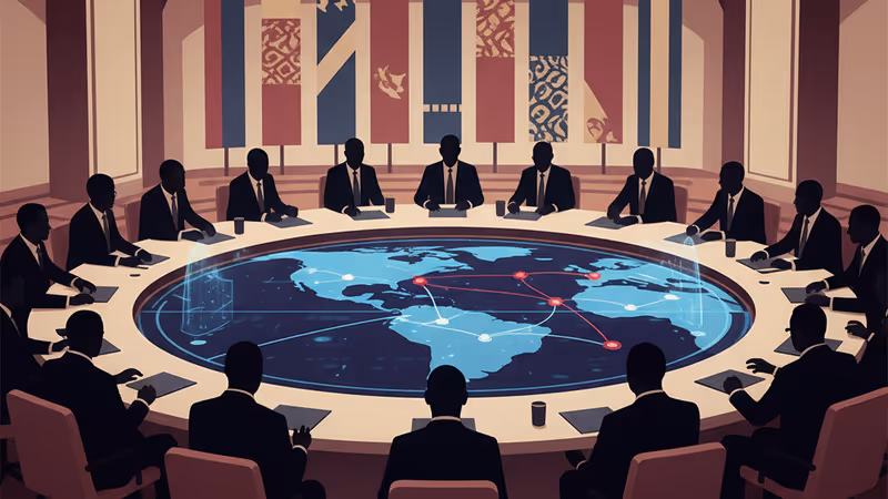 베네수엘라를 중심으로 한 남미 지도와 전략적 무력 행사를 상징하는 이미지