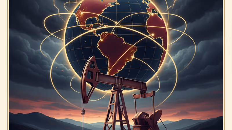 Dilapidated oil infrastructure in Venezuela under a stormy sky