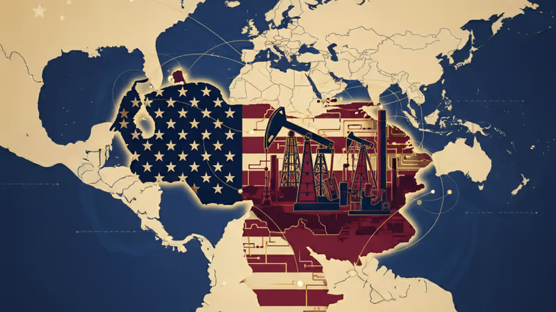 夕暮れ時のベネズエラ油田と地政学的緊張を象徴するイメージ