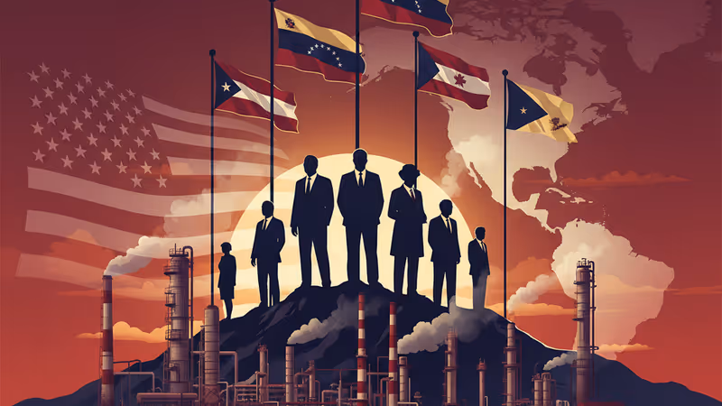 委內瑞拉石油工業設施與遠方的美國國旗色彩投影