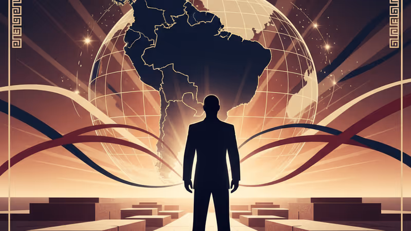 Leader's silhouette against a South American map