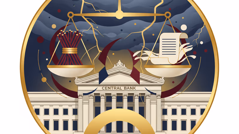 폭풍 속에서도 굳건히 서 있는 미국 연준 본부 건물의 모습