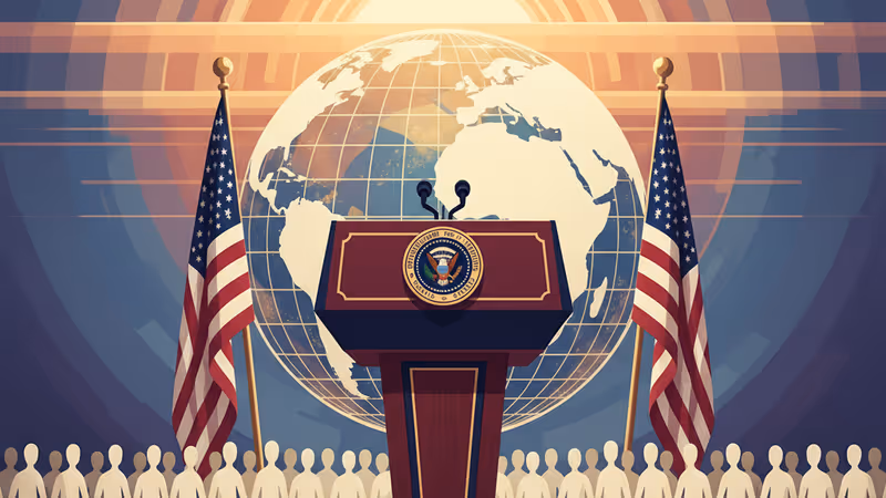 Grand podium with American flags in a historic hall