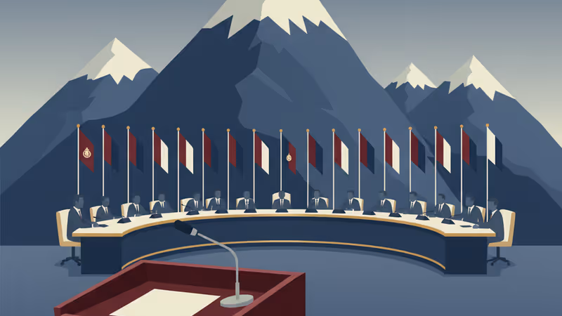 다보스의 설산을 배경으로 한 연설용 연단과 마이크 전경