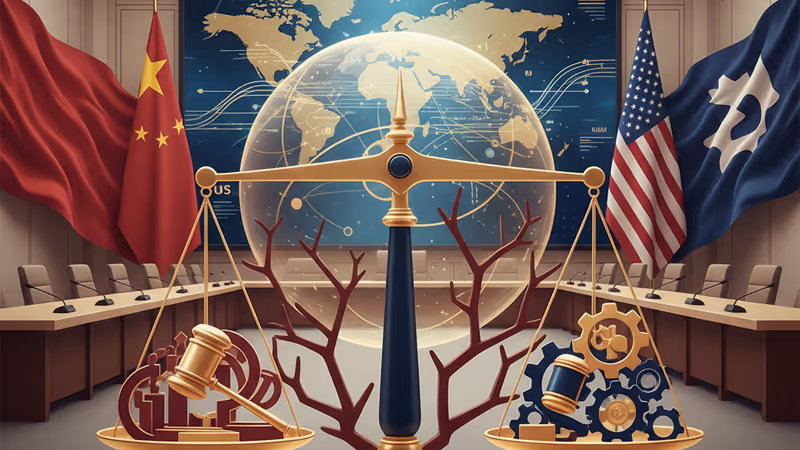 미국과 중국 국기가 배치된 회의실 전경