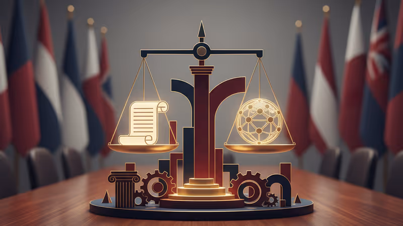 Diplomatic peace treaty on a table with global flags