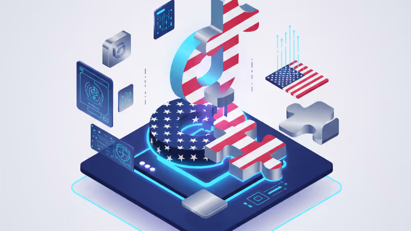 미국 지도 배경 위에 틱톡 로고가 결합된 유리 방패 형상