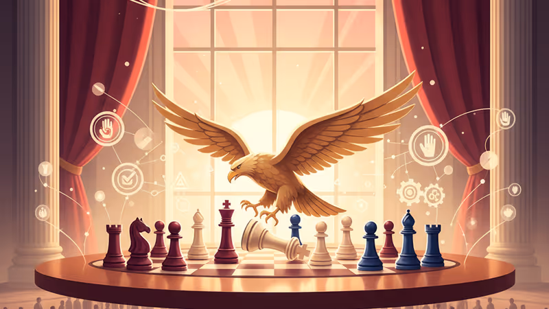 Chessboard with a gold eagle piece standing over a fallen king piece