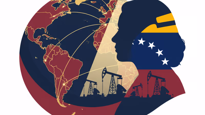 베네수엘라 지도 위에 놓인 체스 말과 미국의 전략적 개입을 상징하는 이미지