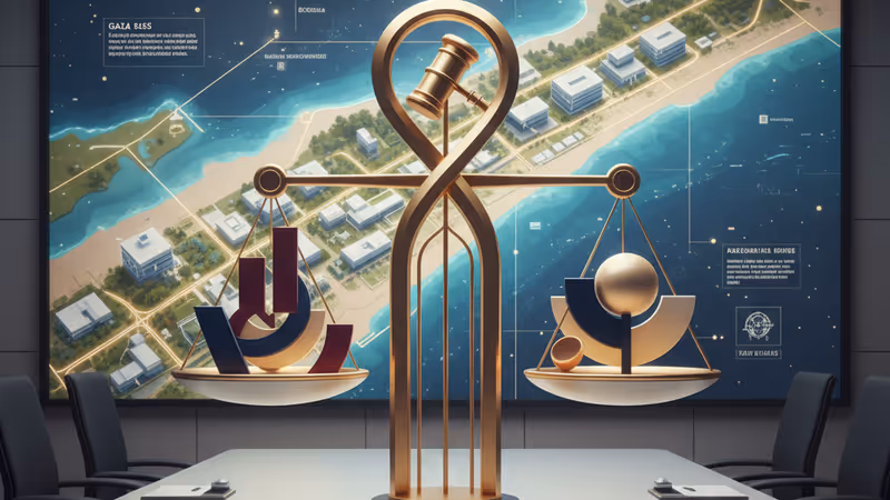 A modern boardroom featuring a digital map of Gaza reconstruction plans.