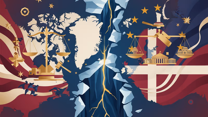 格陵蘭冰原全景與象徵地緣政治緊張的數位疊加線條