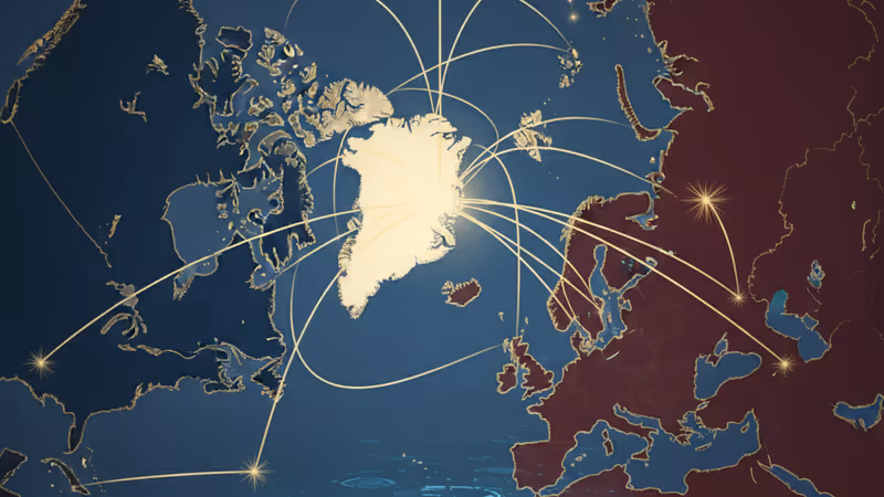象徵格陵蘭島冰原與地緣政治緊張關係的示意圖