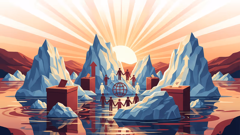 Golden sunrise over a Greenlandic fjord with icebergs