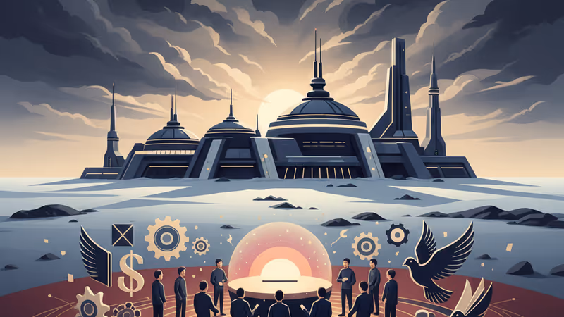 Vast snowy Greenland landscape with a modern research facility