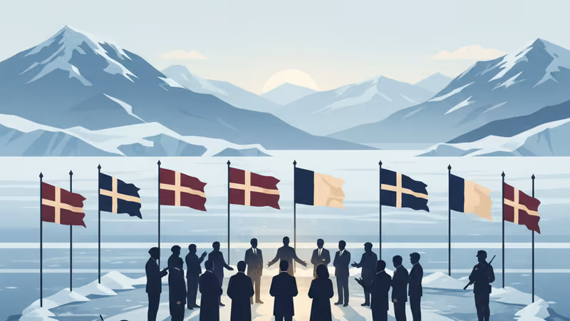 雪に覆われたグリーンランドの海岸線と遠くに見える輸送船の風景