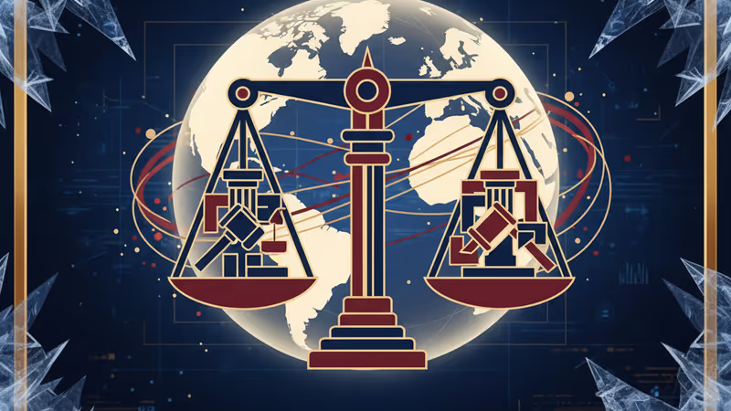 雪が降るダボス会議場を背景に、対立する米国とEUを象徴するイメージ