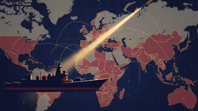 미국 군함에서 미사일이 발사되는 모습과 나이지리아 지형의 결합