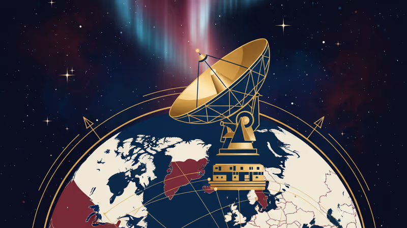 북극해 지도를 배경으로 그린란드의 전략적 위치를 강조한 그래픽