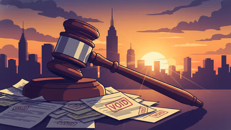 취소된 서류 위에 놓인 연방 법원의 의사봉과 도시 배경