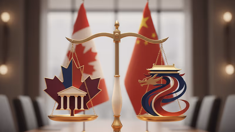 View of a diplomatic meeting room with Canadian and Chinese flags