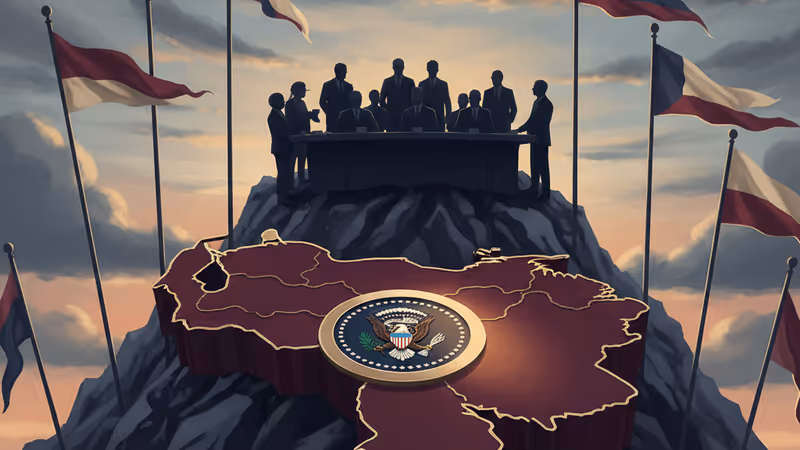 ベネズエラを強調した南米地図と背景の星条旗のシルエット