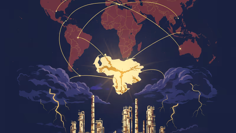 Decaying oil infrastructure in Venezuela under a stormy sky