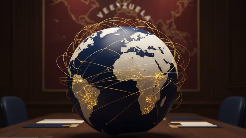 어두운 배경에서 악수를 나누는 정치인들과 베네수엘라 국기