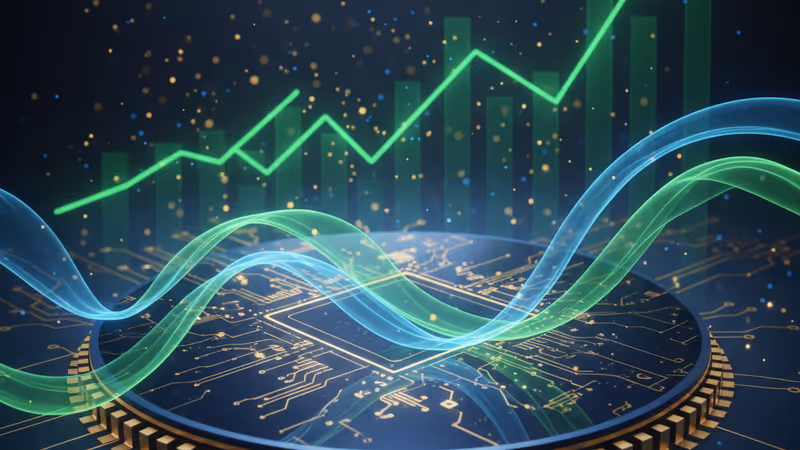 상승하는 주가 그래프와 결합된 반도체 웨이퍼 이미지