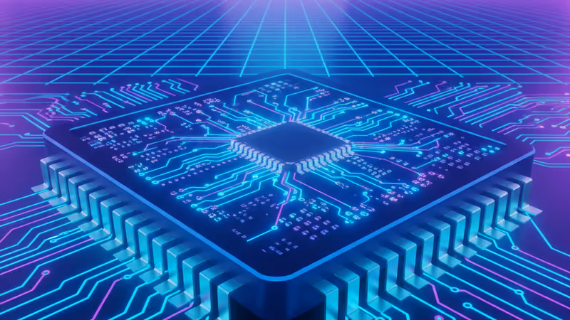 Close-up of a high-tech processor with glowing transistors