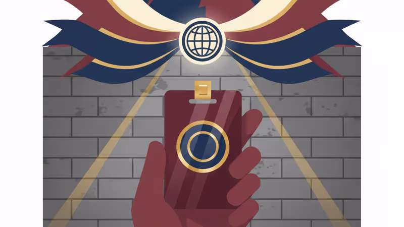 Journalist press badge against a prison wall