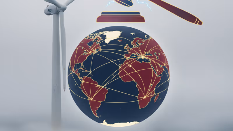 裁判所の木槌と洋上風力発電の設計図。政策の不確実性を象徴するイメージ。