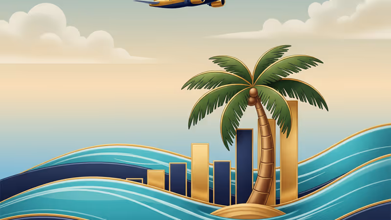 Tuvalu's coastline slowly submerging under sea level with a distant passenger plane flying above