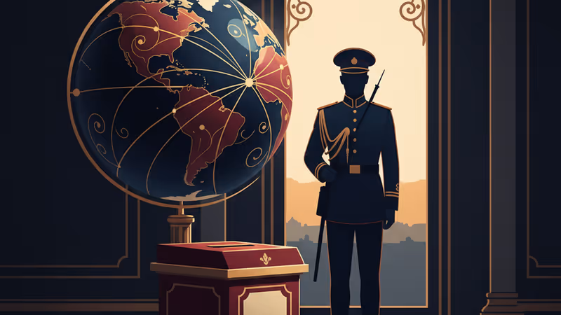 Ugandan voters at a polling station with soldiers in the background.