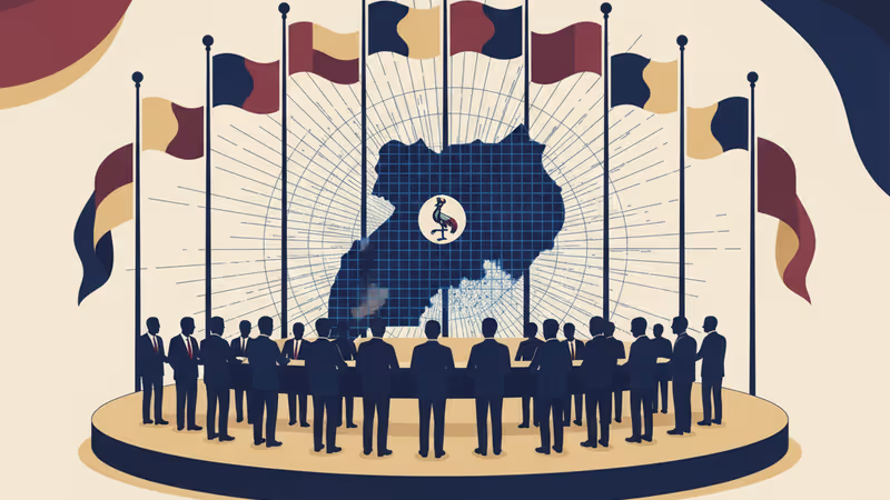 우간다 국기와 끊긴 인터넷 연결을 상징하는 로딩 아이콘이 표시된 스마트폰