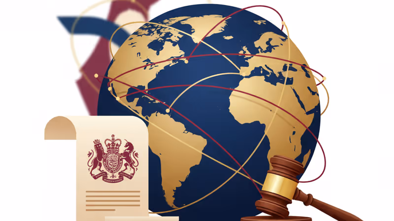 A map of Israel and Palestine behind a gavel and the UK flag