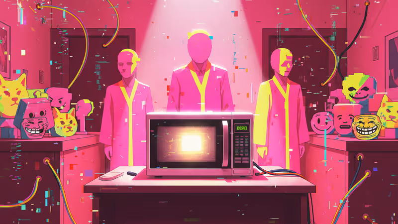 ホテルの机に置かれた一台の電子レンジと空の客室