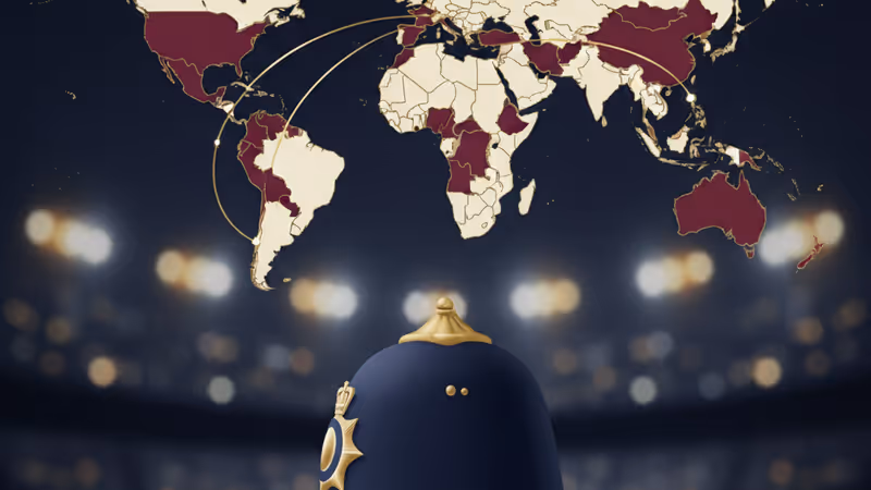 British police helmet with blurred stadium lights in background