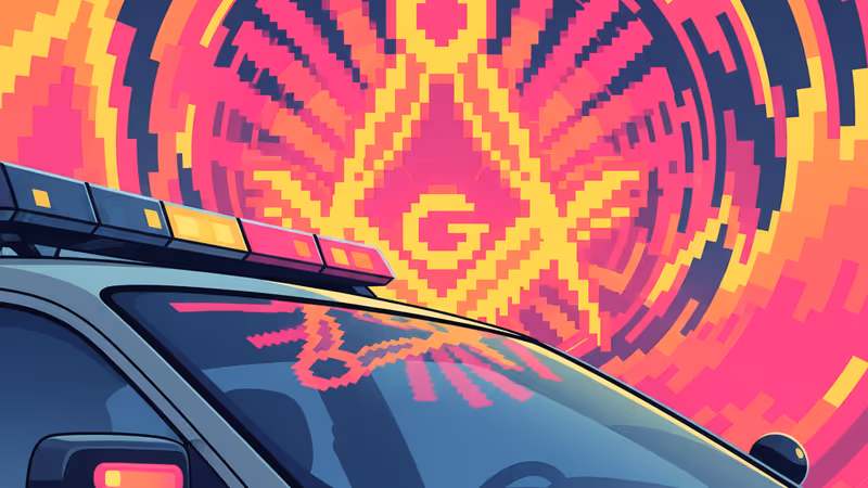 A masonic emblem reflected on a police car windshield