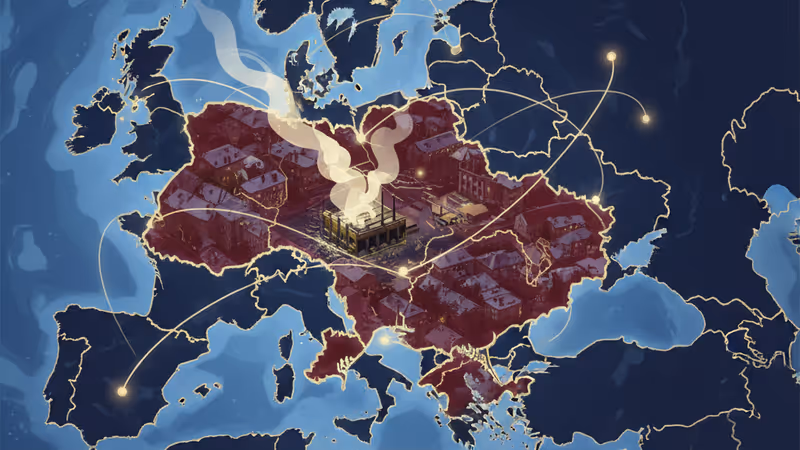 冰天雪地的烏克蘭城市及受損的電力設施意象圖