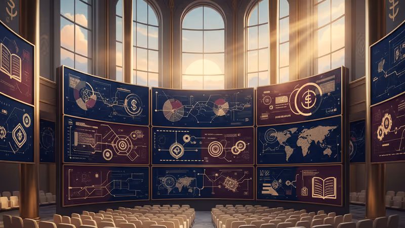 A modern diplomatic summit hall with screens showing global security maps.