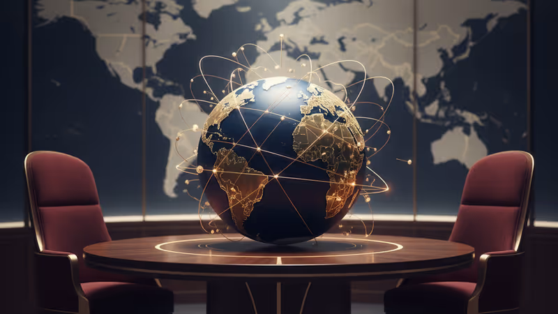 Diplomatic meeting room with world map background