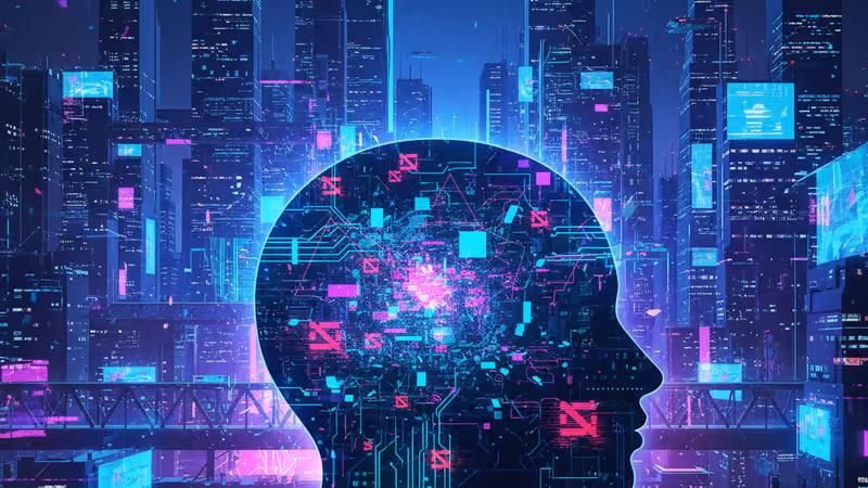 Abstract digital static with red warning signs and AI interface