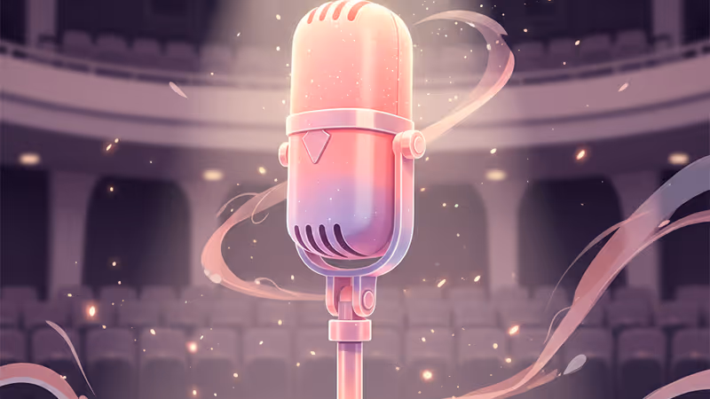 공연장 조명 아래 놓인 마이크와 UNIQ 성주를 연상시키는 실루엣