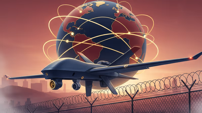 在南北韓邊境帶刺鐵絲網上空飛行的監視無人機