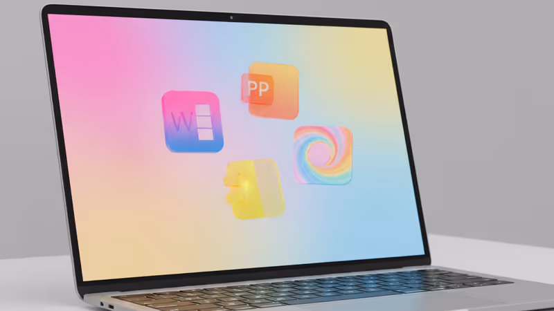 Laptop screen showing Microsoft Office app icons floating