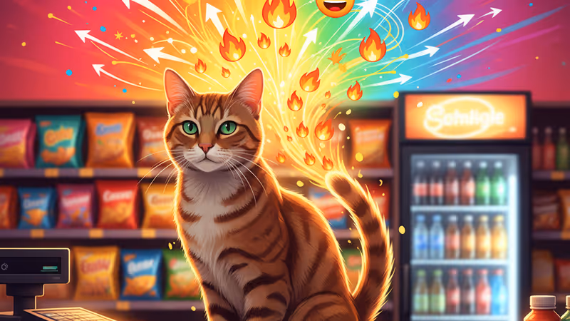 A cat sitting on a counter in a New York bodega store