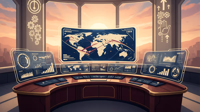 Futuristic command center displaying strategic data across the Pacific Ocean